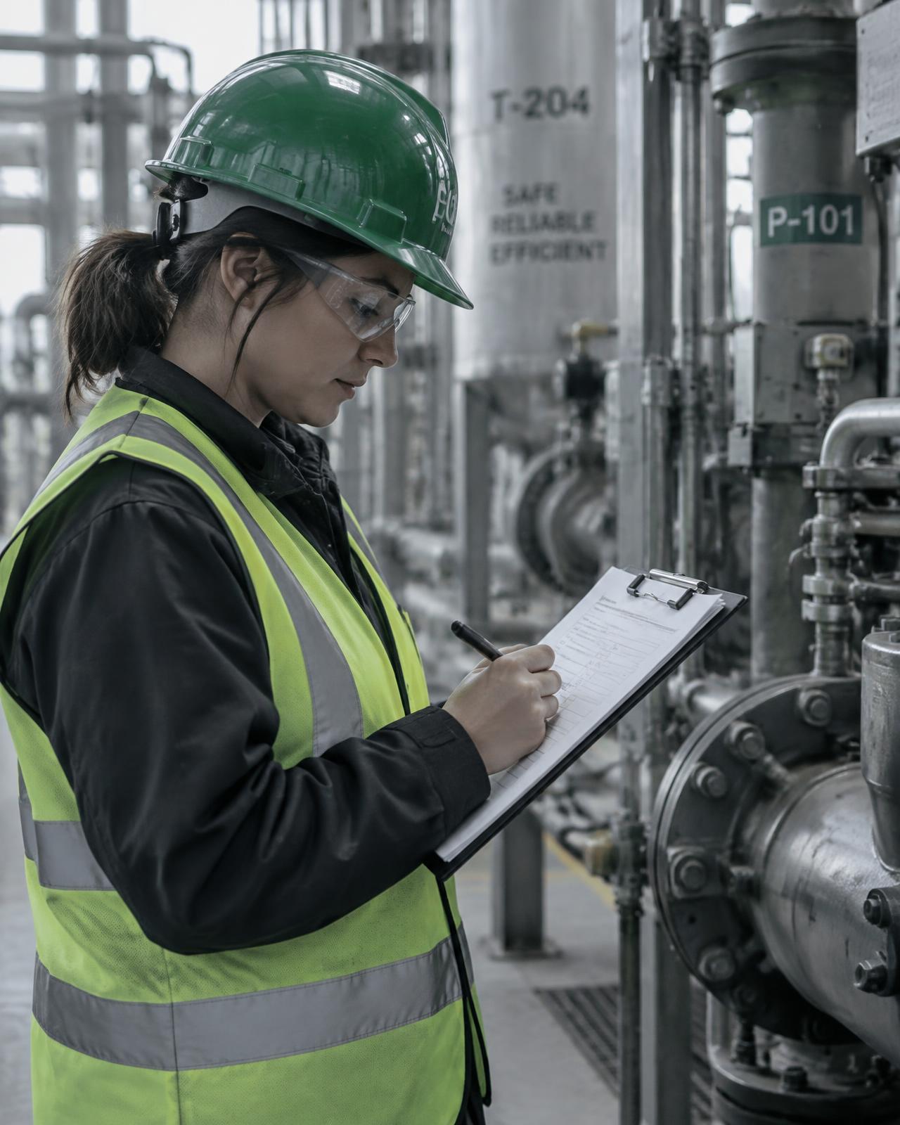 Profissional de segurança do trabalho com capacete e colete realizando inspeção em ambiente industrial